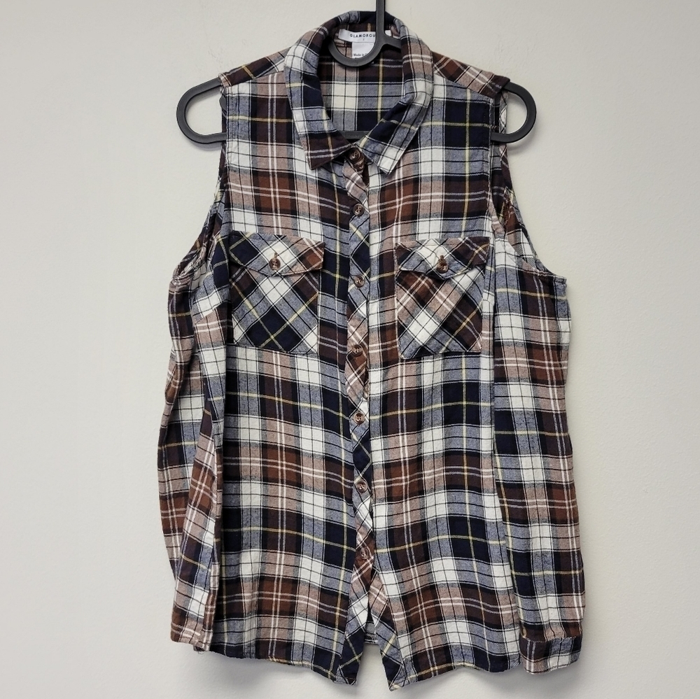 Glamorous Plaid Cold Shoulder Button Down top L